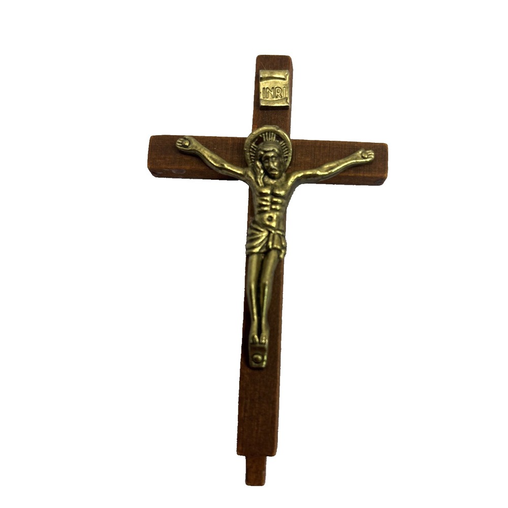 Vtg Wooden Metal Crucifix‎ 4" Dark Wood & Brass  INRI Religion Sacred Heart